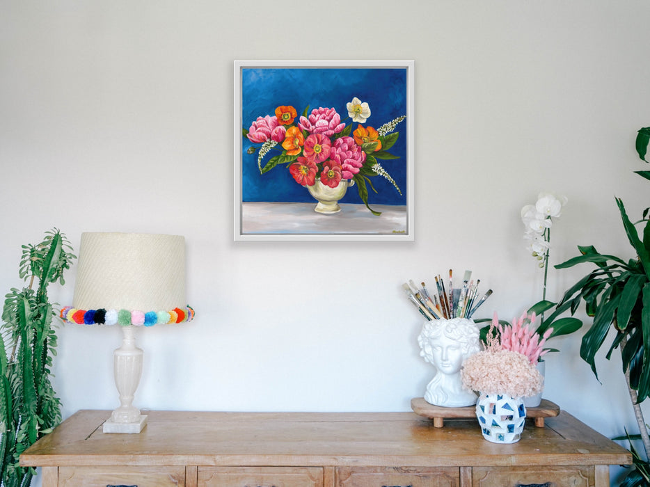 Pink Poppy & Peony Posy in Vase on Blue - Print Canvas Large